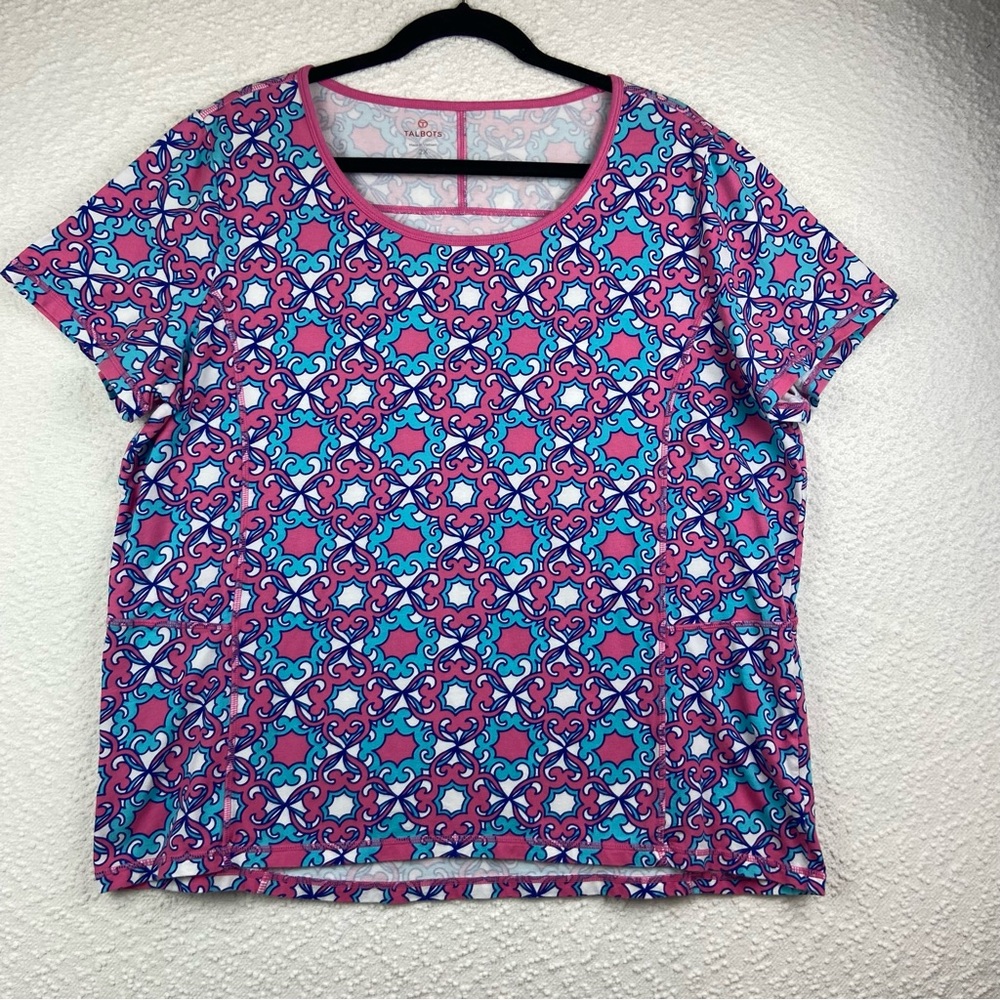 Talbots Pink and Blue Geometric Short Sleeve Top